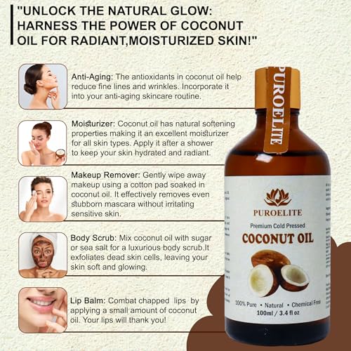 Image of Premium Cold Pressed Coconut Oil,100% Pure & Natural for Face, Hair & body Glass bottle with dropper 100 ml + 100 ml