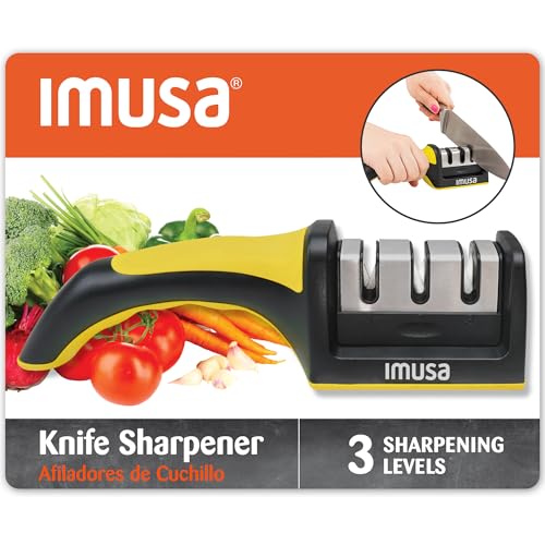 Image of IMUSA Kitchen Knife Sharpener, Manual, Coarse to Fine, Non-Slip Base | Tungsten steel blades with ceramic rods, ergonomic grip, ambidextrous, not for serrated knives or scissors