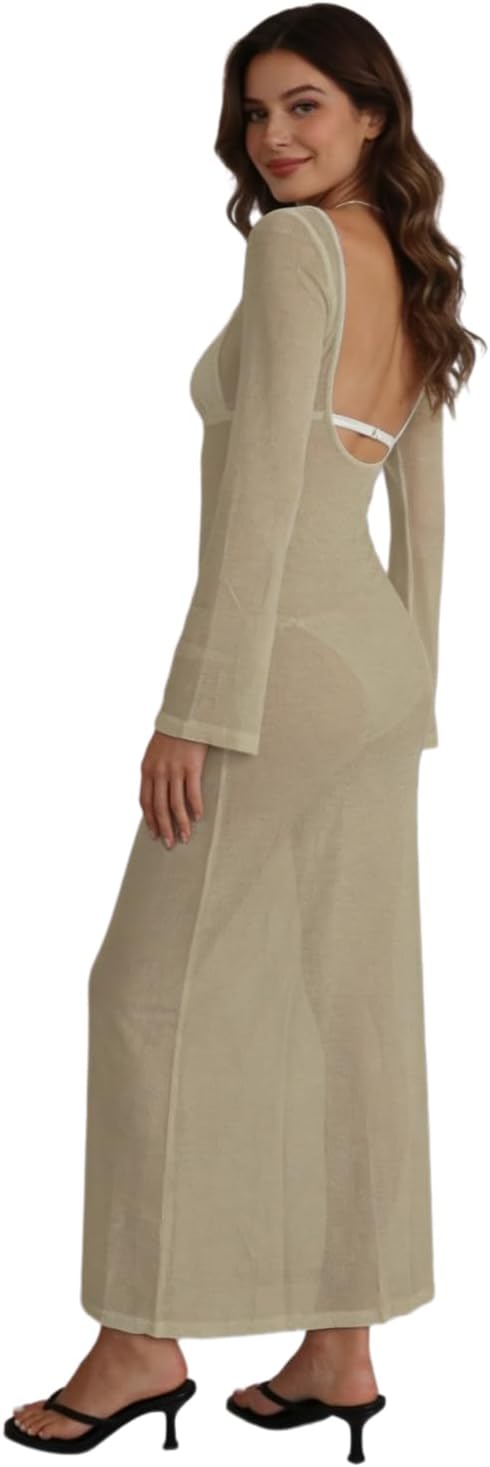 ZGMYC Women's Sexy Backless See Through Maxi Dress Bathing Suit Cover Up Knit Flared Long Sleeve Beach Dress Bikini Coverups