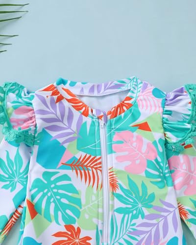 Image of Toddler Girl Swimsuit Baby Girl Bathing Suit Long Sleeve Floral Zipper One-Piece Rash Guard Swimsuit with Hat