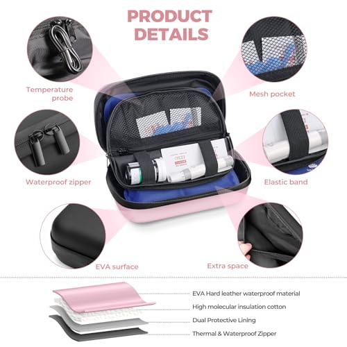 Image of TSA Approved Insulin Cooler Travel Case Diabetic Medication Bag with Thermometer Temperature Display Medication Diabetic Cooler Travel Medicine Organizer Bag for Women & 2 Ice Pack-Pink