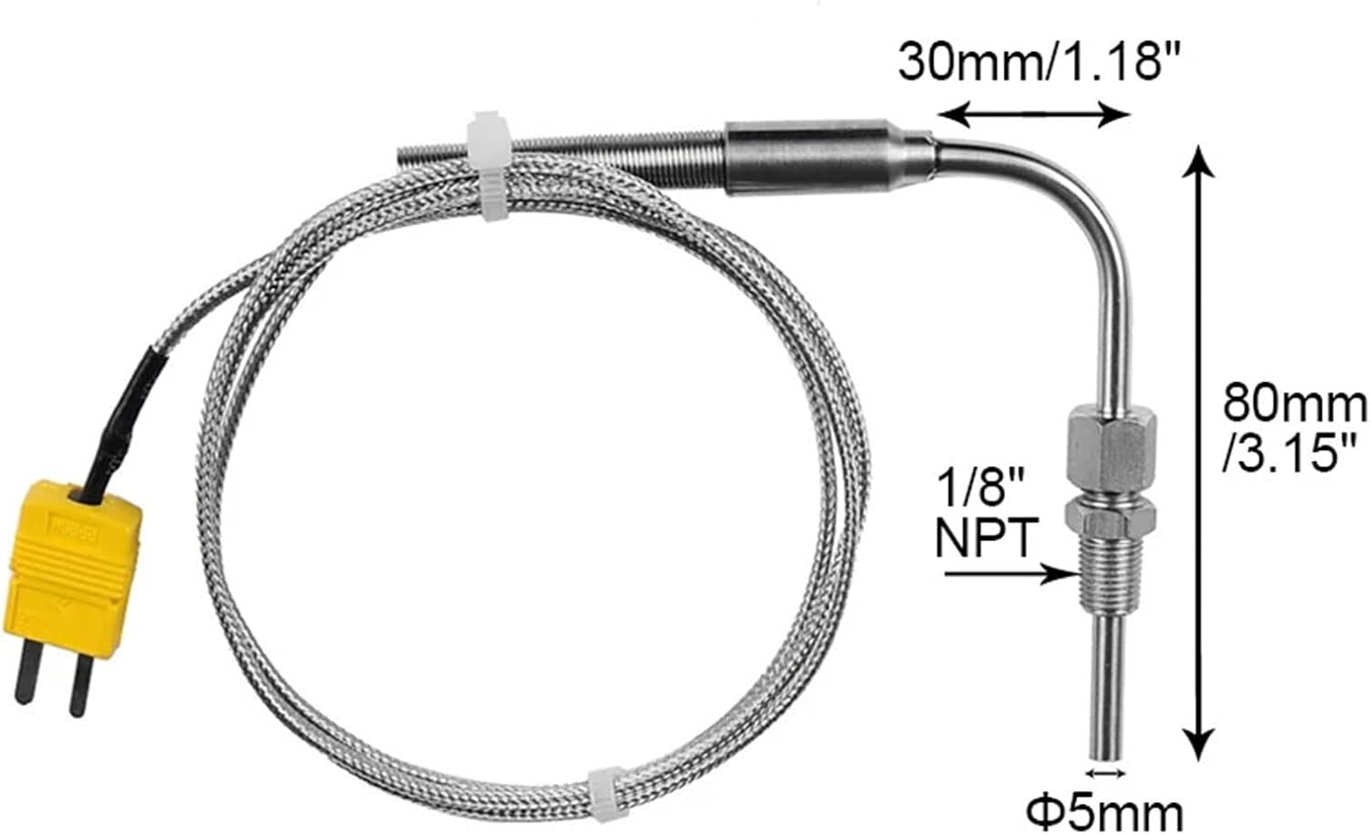 1300°C KType Temperature Sensor Stainless Steel Probe Thermocouple Tube Thread 1/8’' Elbow 1Pcs(Cable Length 3m)