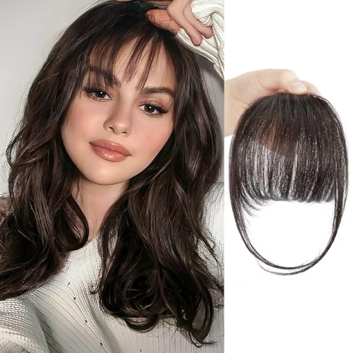 BOGSEA Clip in Bangs Real Human Hair Bangs Hair Clip Fringe with Temples Hairpieces for Women Natural Looking Fake Bangs for Daily Wear (Wispy Bangs Dark Brown)
