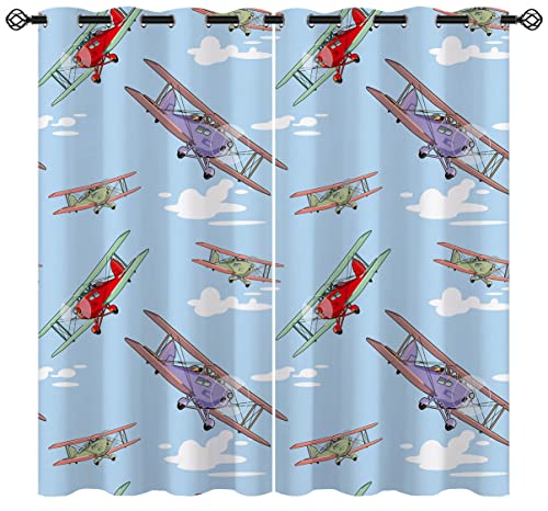 ONINUO Airplane Blackout Curtains for Girls Boy Home Decor, Retro Jets Fighter Sky War Warplane Cartoon Grommet Thermal Insulated Drapes Darkening Window Curtain for Bedroom Living Room, 42 x 45 Inch