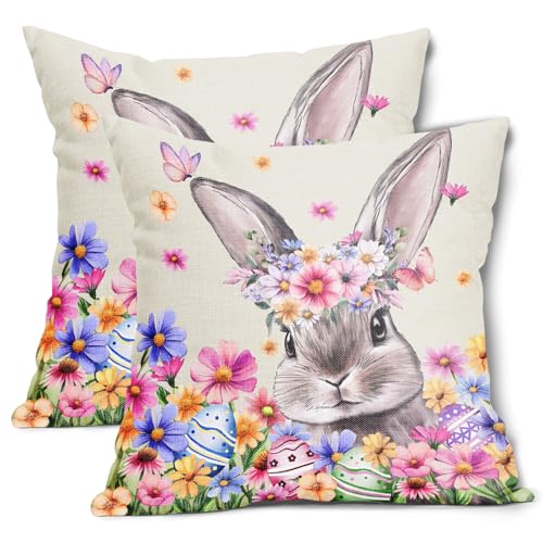 Easter Pillow Covers 16x16 Inch Set of 2 Rabbit Bunny Eggs Watercolor Pink Blue Floral Easter Themed Cotton Linen Decorative Throw Pillow Case Cushion Cover for Bedroom Sofa Living Room Couch Chair