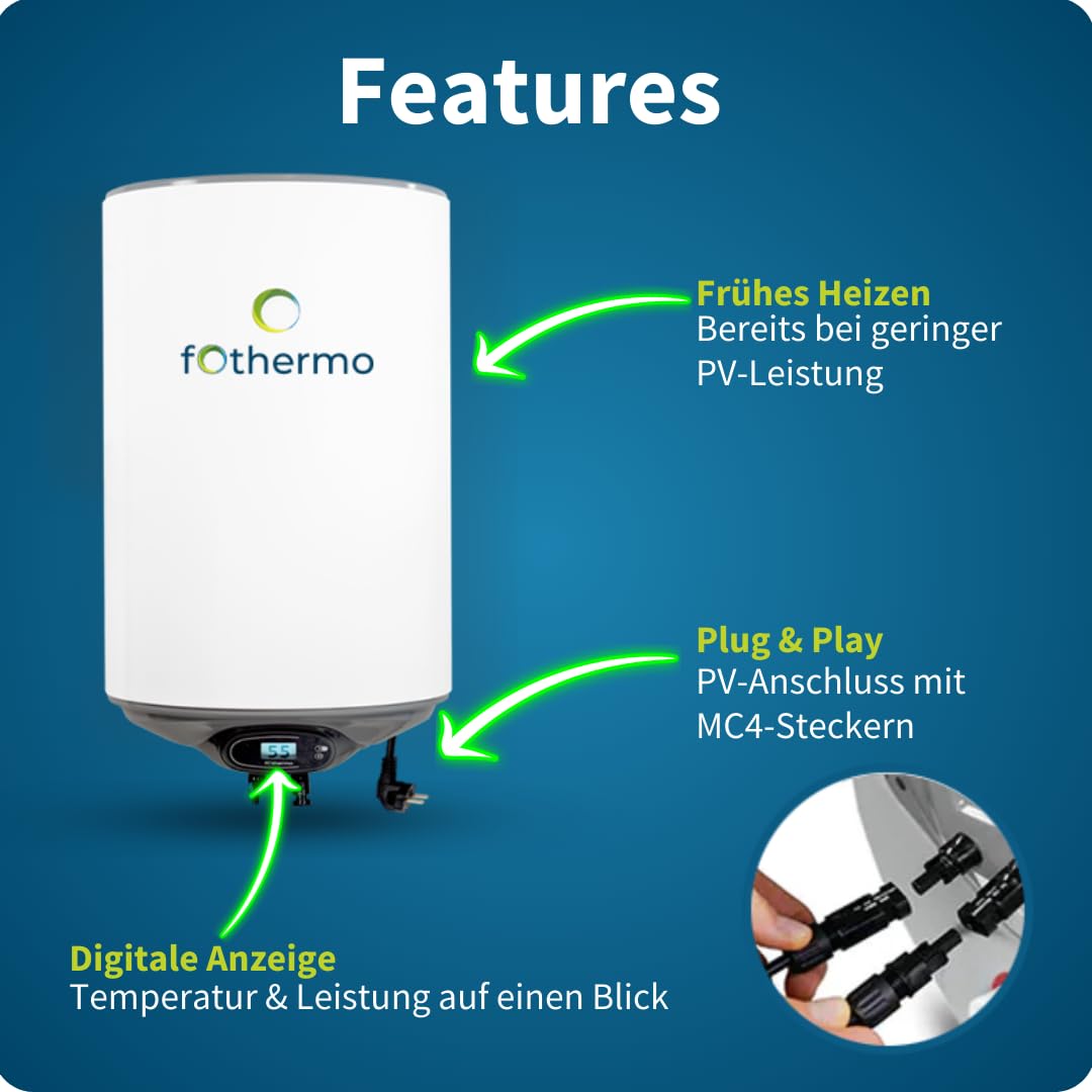 Fothermo® 80 L Photovoltaischer Hybrid-Warmwasserspeicher | PV-Boiler mit MPP-Tracker | 550 W Solar + 1.500 W 230 V Nachheizung | MC4 | 65 °C