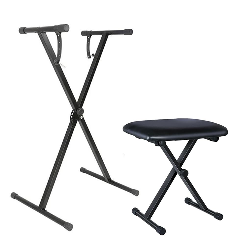 Taburete de Piano y Soporte para Teclado, soporte teclado piano， Juego de Taburete para Piano Plegable, X Ajustable en 7 Alturas，Teclado Acolchado Ajustable en 4 Alturas