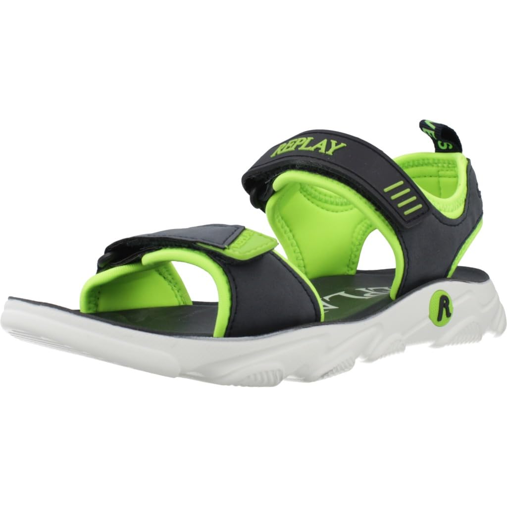 Replay Boy's Gbt55 Flat Sandal, 3110 Navy Fluo Green, 3.5 UK