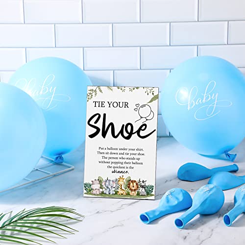 Image of Roowest 51 Pcs Tie Your Shoe Baby Shower Game Sign Wooden Sign Greenery Gift Sets Gender Reveal Party Favors 50 Balloons Latex Balloons for Game Wedding Supplies(Blue,Safari)