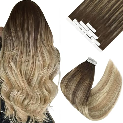 Image of Sunny Hair Tape in Hair Extensions Human Hair Blonde for Morning Routines | Dark Golden Blonde Highlight Platinum Blonde,Wedding Guest Hair,16Inch 25g 10Pcs,Easy to be Style,for Everyday Wear