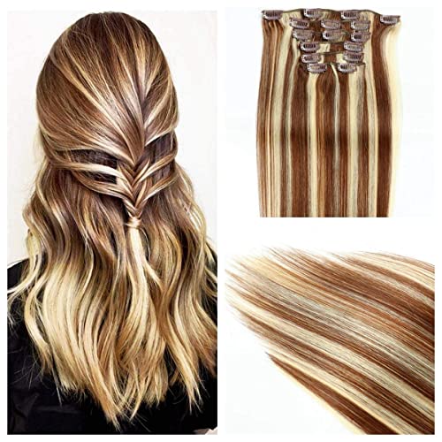 Clip in Human Hair Extensions Double Weft #6/613 Brown Mix Blonde 20 inches 8pcs 100g Straight Full Head Clip in Remy Human Hair Extensions
