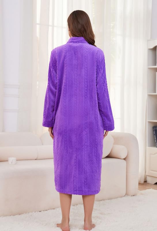 Image of LYCY Women Plush Zipper Robe, Long Fleece House Coat Nightgown with Pockets Solid Bathrobe