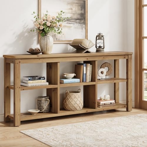 TRIBEWOOD 63-Inch Solid Wood Console Sofa Table, 3-Tier Narrow Farmhouse