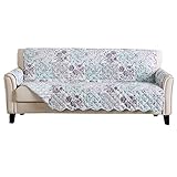 Reversible Floral Patchwork Furniture Protector Scalloped Edge Stain Resistant Printed Furniture Protector Maribel Collection (Sofa, Gray/Aqua)