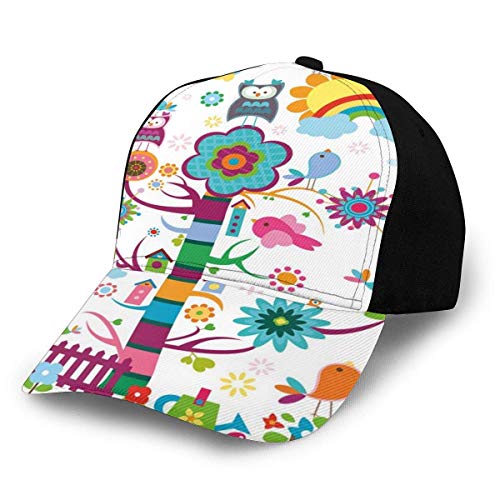 Unisex Hüte Baseballmützen Hüte Papa Hut Natur Karikatur mit lustig aussehenden Vögeln und einem abstrakten farbigen Baum Gartenarbeit