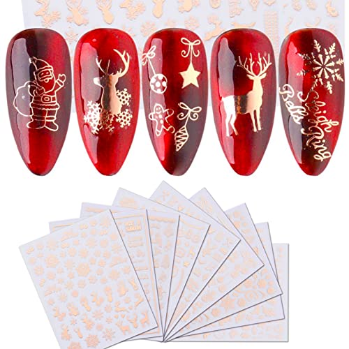 TailaiMei Christmas Rose Gold Nail Stickers, Glittering Self-AdhesiveDecals for DIY Nail Decorations - 3D Santa Claus Snowflake Elk for Xmas Nail Design (9 Sheets)