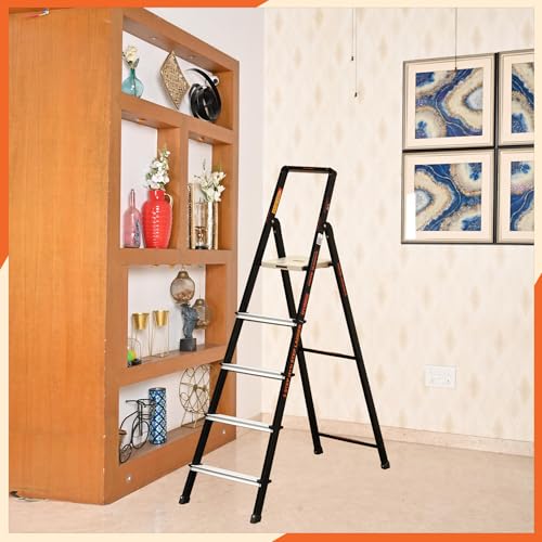 Image of Prime Magnus 5-Step Hybrid Step Ladder | Steel Frame + Aluminium Steps | Heavy Duty Ladder for Home | Anti-Skid Platform | 150 KG Load Capacity | 5 Year Warranty | Made in India | Black & Silver