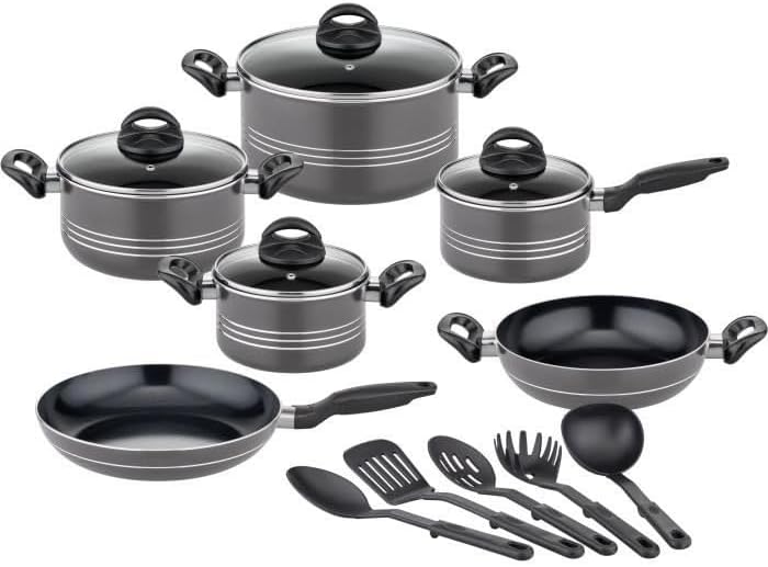 GSW Milano Grey Cooking Pot Set, 15 Pieces, High-Quality Pot Set for Induction, Ceramic & Gas, Non-Stick Coating, Cooking Pots with Glass Lid and Kitchen Utensils, Pots and Pans
