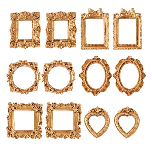 Famjoyart 12 Pcs Mini Picture Frames Set Vintage Hanging Photo Christmas Pictures Ornament Resin Small Gallery Wall Frames for Crafts DIY Jewelry Display Holiday Party Decor Art Box Frame (Brushed Gold)