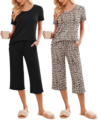 Ekouaer 2 Pack: Women's Set Short Sleeve Pj Top Capri Pants - Pajamas Sets Lounge & Sleepwear Set...