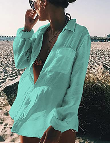 Image of Bsubseach Women Long Sleeve Beach Shirt Blouses Bathing Suit Cover Up Button Down Collar