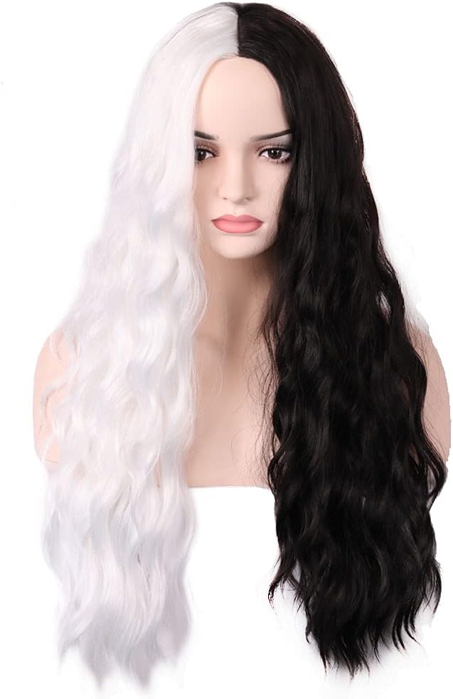 BERON Black White Wig Two Tone Wig Long Curly Wig Women Girls Charming Full Wig Black White Split Wig for Cosplay Party Halloween Wig Cap Included