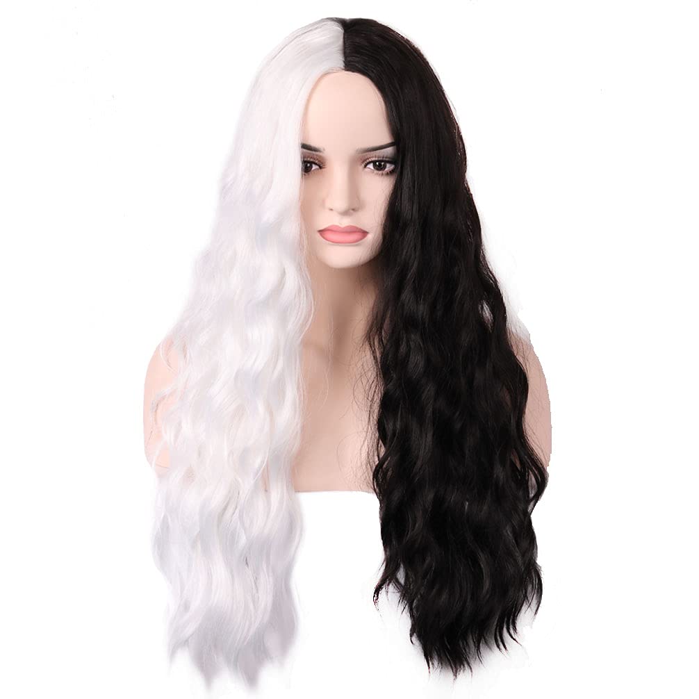 BERON Black White Wig Two Tone Wig Long Curly Wig Women Girls Charming Full Wig Black White Split Wig for Cosplay Party Halloween Wig Cap Included