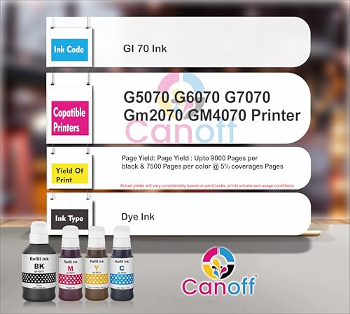 Image of CANOFF GI 70 Multicolor Compatible Ink for Canon Pixma G5070 G6070 G7070 GM2070 GM4070 Printer (Gi-70 CMYK)