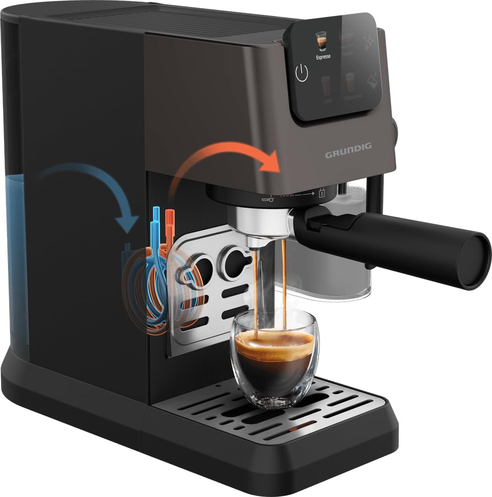 GRUNDIG KSM 5330 Cafetera con depósito de leche integrado, potencia 1628 W, presión de bomba 15 bar, doble boquilla, pantalla táctil colorida, BrewSense, CreamyPro, Dark Inox/Negro