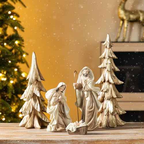 Image of Glitzhome Set of 5 Gold Christmas Tabletop Scenes, 2 Christmas Table Trees with Holy Family - Joseph, Mary, Baby Jesus Nativity Figurines Sets for Xmas Indoor Mantel Shelf Decor, Home Accents