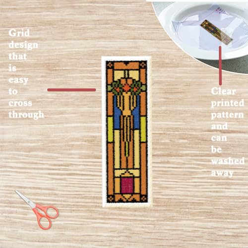 Image of FREEBLOSS 6 Set Bookmark Cross Stitch Kits Stitch Bookmark Cross Stitch Kits with Instructions Gothic Colorful Glass Pattern Embroidery Kit for Beginners Reading Lover Gift
