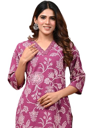 Image of Rimeline Women's Cotton Printed Kurta with Embellished V-Neck Design | Straight Fit Ethnic Wear for Office, Casual & Daily Use