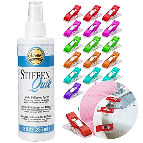 Aleenes Stiffen Quik Fabric Spray (8oz) - Washable Adhesive for Fabric Textiles Hats Bags and Crafts. Includes 20 Sewing Clips