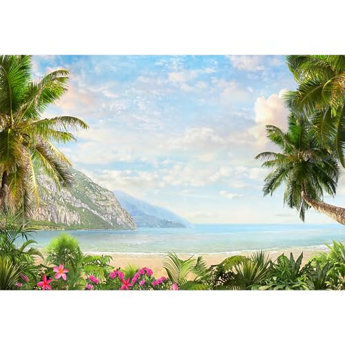 dnldliq 10x6.5ft Tropical Sea Beach Backdrop Summer Seaside Island Floral Palm Trees Photography Background Blue Sky Sunshine Vacation Birthday Party Wedding Decor Banner Supplies Photo Booth Props