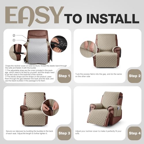 Image of KinCam 100% Waterproof Recliner Chair Cover, Reclining Couch Covers for Pets, Dogs, Recliner Couch Slipcover Furniture Protector with Elastic Straps for Kids(30 inch, Khaki)