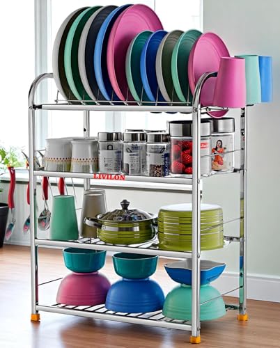 Image of L LIVILON 4 Layer Wall Mount Kitchen Utensils Dish Rack | Stainless Steel Stand | Dish Stand /Holder | Kitchen Organizer | Utensils Rack with Plate (24 * 18), Tiered Shelf
