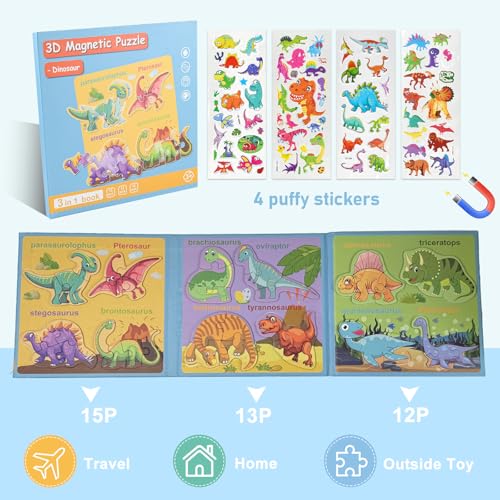 Image of ASTARON Magnetic Puzzles 60 Pieces Dinosaur Kids Educational Travel Toys | Folding puzzle, includes 3 bubble stickers, puzzle pieces with words, learn while playing, easy to store, educational toy