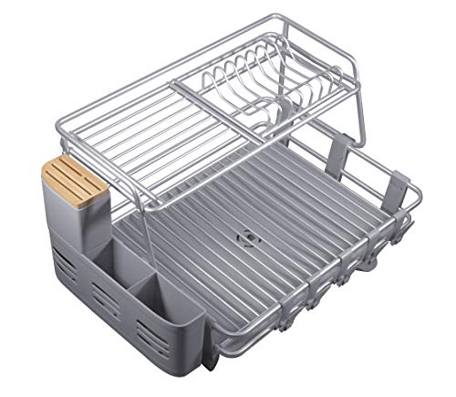 CozyBlock Aluminum 2-tier Dish Drying Rack with Utensil & Wood Cutlery Holder – Rust Proof Kitchen Countertop Dish Rack with Extra Large Drainboard Set – Bonus Drinkware Clips
