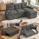 81' Convertible Sectional Sofa Bed w/Pull-Out Sleeper, 5-Level Adjustable Backrest, Reversible Storage Chaise, Cloud Comfy Chenille Couch w/USB Ports, Small Space Living Room, Dark Grey