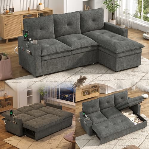 81" Convertible Sectional Sofa Bed w/Pull-Out Sleeper, 5-Level Adjustable Backrest, Reversible Storage Chaise, Cloud Comfy Chenille Couch w/USB Ports, Small Space Living Room, Dark Grey