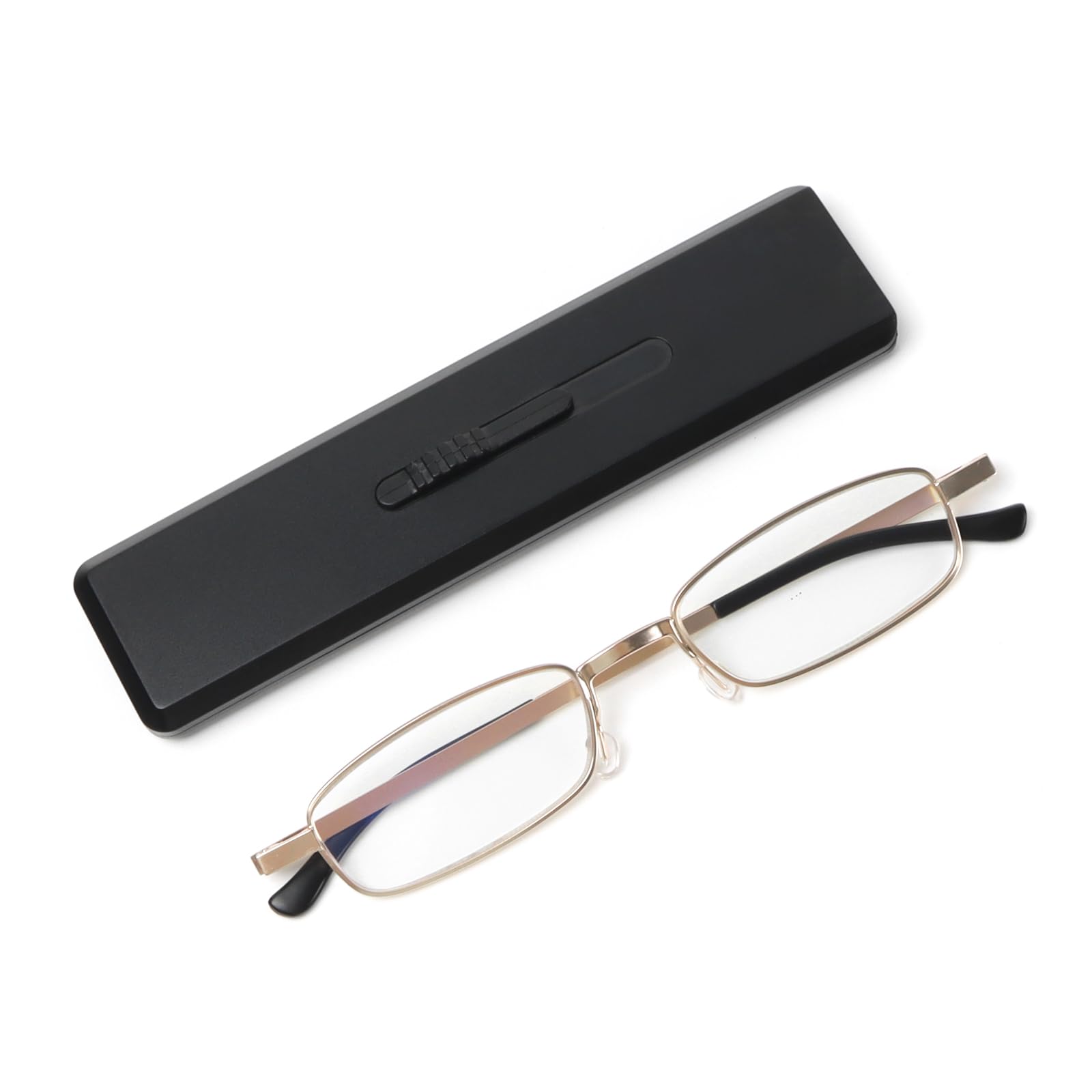 MMOWW Ultra dünne Lesebrille Metall Leichtgewicht für Männer Frauen, Blaues Licht Blockieren Kompakte Computerbrille Tragbare Einzigartige Dehnbare Schlanke Flache Fall Schwarz