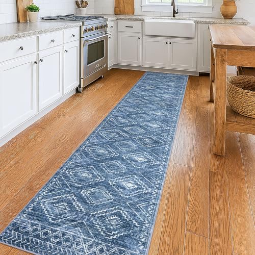 KILOCOCO Hallway Runner Rug 2x10 Runners for Hallways Washable Runner Rug Non Slip Rubber Backed Low-Pile Runners for Bedroom Kitchen Living Room Laundry Room Boho Rugs, Stonewashed Blue