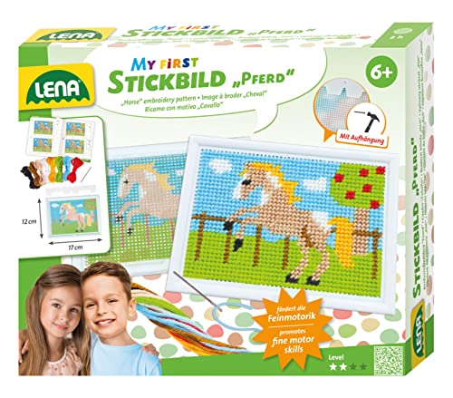 Lena 42625 - Kit de bricolage au motif de cheval - Kit complet avec cadre à broder - Aiguille émoussée en métal - Fil de laine - Grille à broder avec...