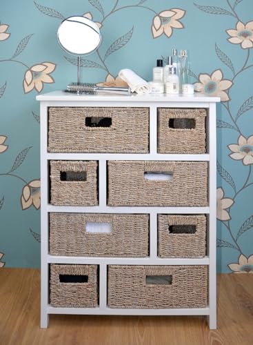 Mueble de almacenamiento blanco con 8 cestas de pasto marino para dormitorio, pasillo, baño (56 x 80 x 34 cm), muebles montados