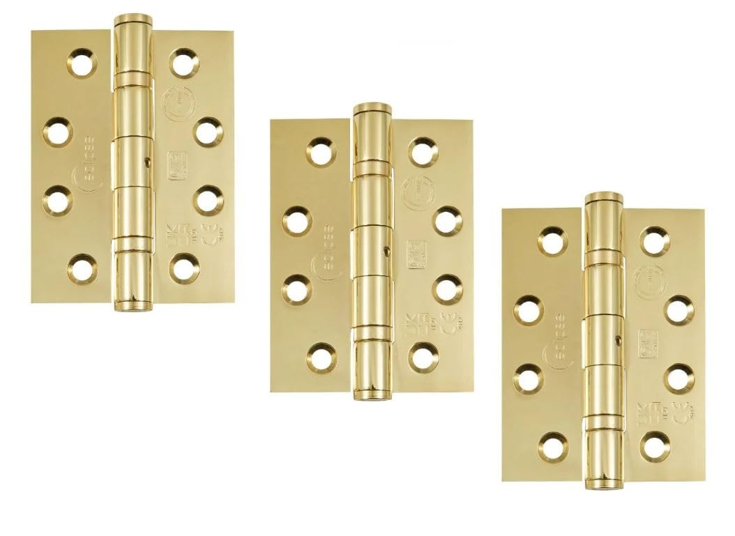 Eclipse Grade 13 Ball Bearing Fire Door Hinges, 4 Inch 102mm, Stainless Steel, Pack of 3 (Polished Brass)
