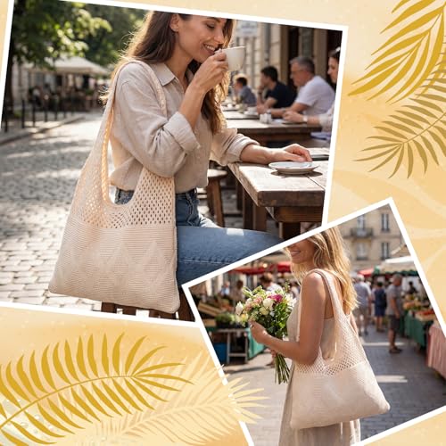 Set 6 bolsas tote beige de crochet para mujer miniatura 6