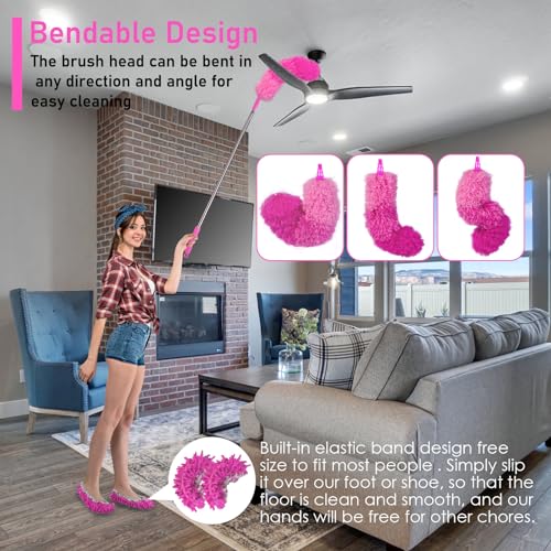 ThinkLearn Microfiber Dusters for Cleaning,14PCS Feather Dusters with Extension Pole,Bendable Washable and Extendable Duster for High Ceilings, Fans and Blinds House Cleaning Kit Pink Gift for Women