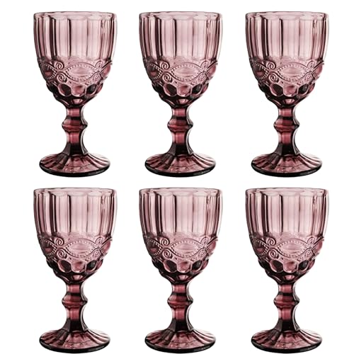 Image of Elvida Interiors Wine Glass Embossed Vintage Goblets Alfresco Dining Glassware Cuomo Purple Set of 6