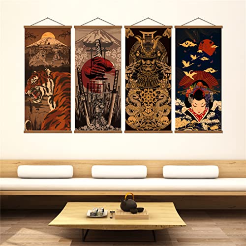 Weroute 4 Piece Japanese Wall Art Poster Samurai Print Warrior Canvas Living Room Bedroom Office Retro Artwork Home Decorations With Frame Ready To Hang 16”X35” #TOP2