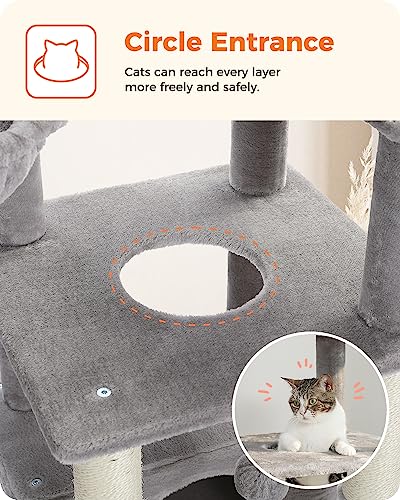 PEQULTI 54 Inches Multi-Level Cat Tree Cat Tower for Large Cats with Sisal-Covered Scratching Post, Cozy Cat Condo, Cat Hammock and Wide Top Perch for Indoor Cats Grey - Thumbnail 4